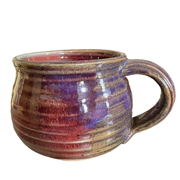 Studio Art Pottery Mugs Pair 2 Colorful Glaze Artist Signed Purple Red - Picture 2 of 7